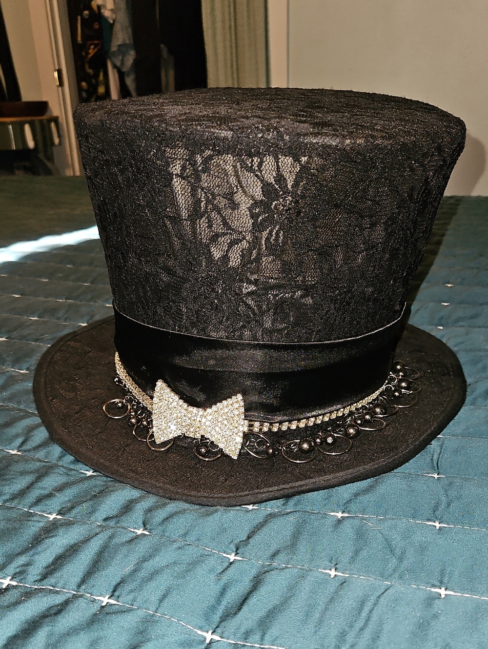 Black Lace Top Hat with Rhinestone Bow Accent